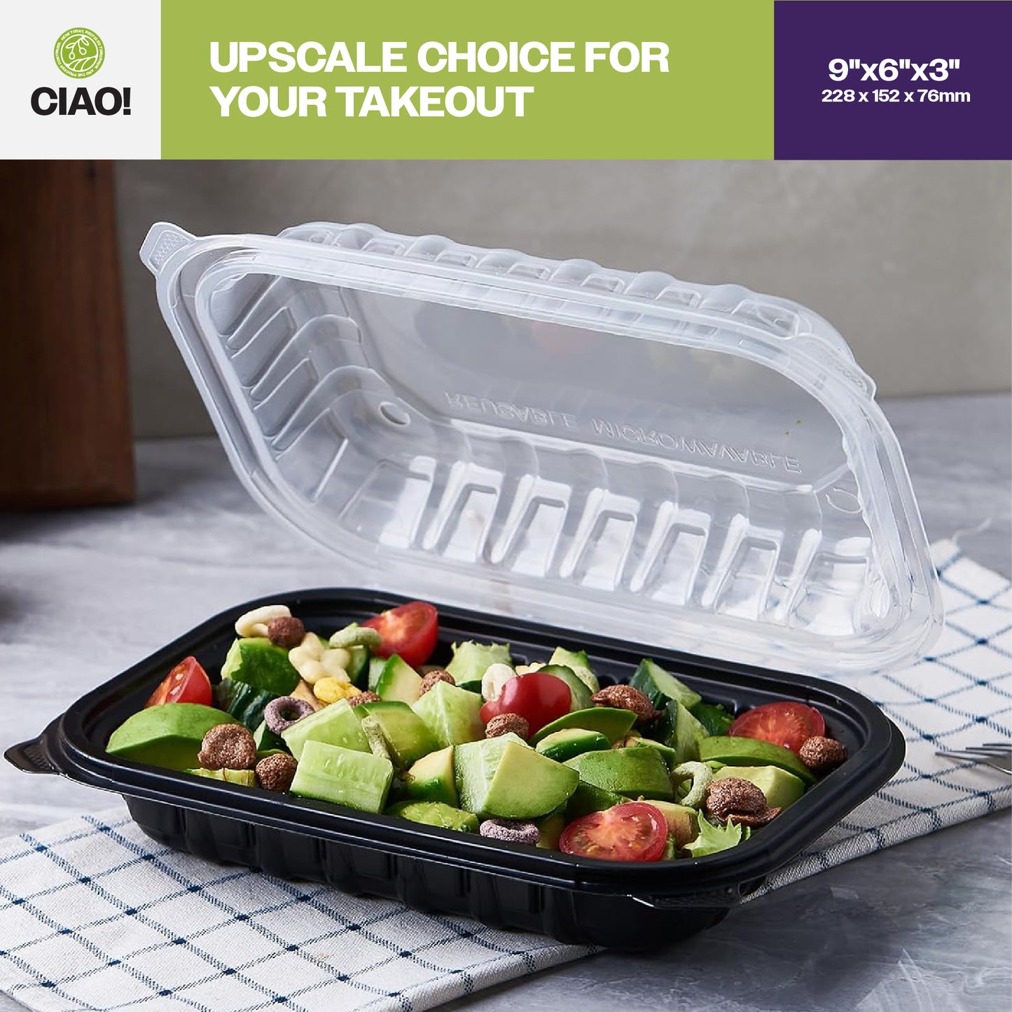 CIAO! 9"x6"x3" Polypropylene Black bottom with Clear Lid Hinged Container 1 Compartment Take Out Container, Microwavable, Recyclable and Reusable, (Case of 150)