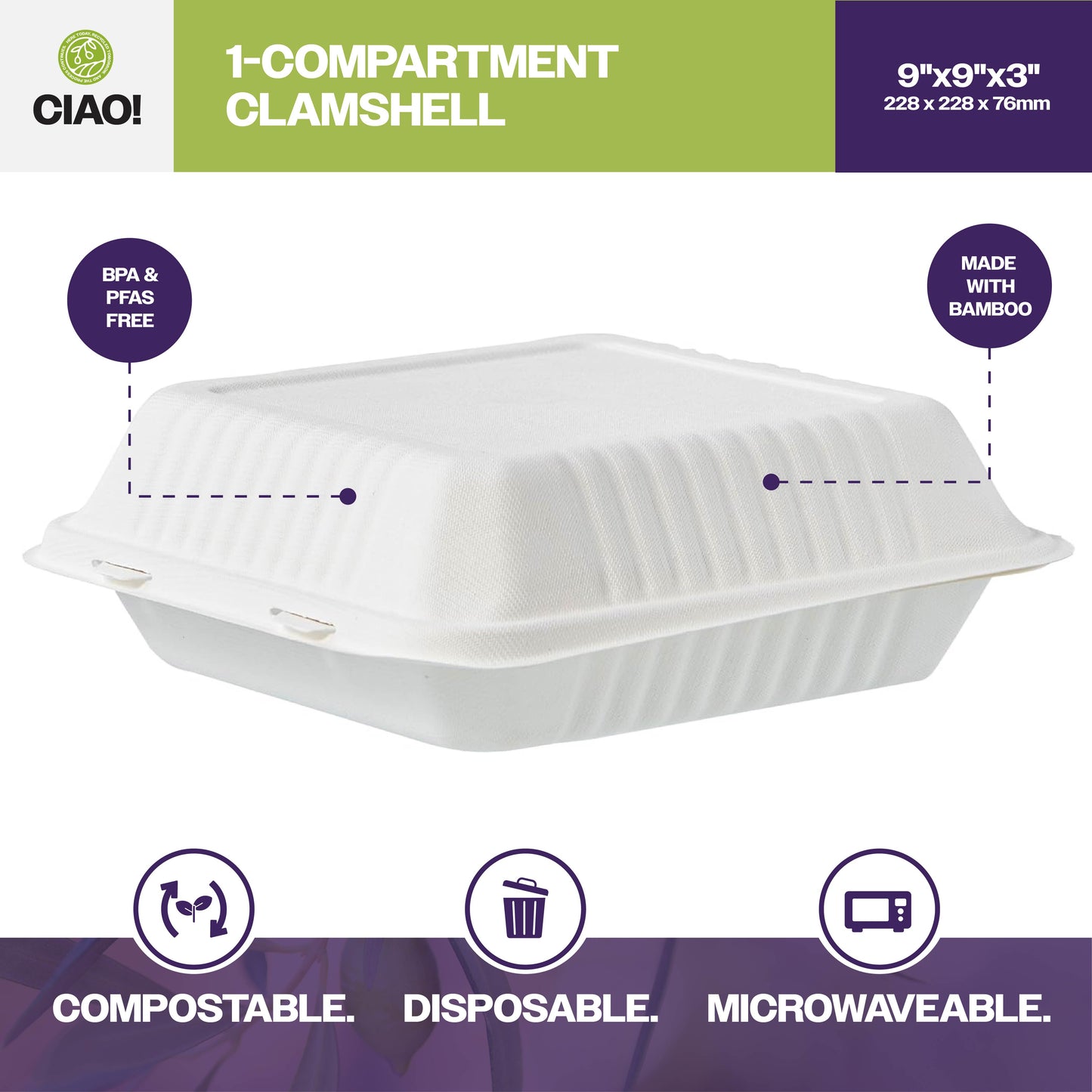 CIAO! 9"x9"x3" Clamshell 1 Compartment 100% Compostable Ecofriendly PFAS Free Unbleached Bagasse Natural White (200/case) …