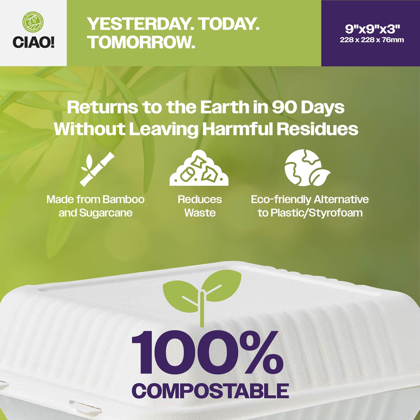 CIAO! 9"x9"x3" Clamshell 1 Compartment 100% Compostable Ecofriendly PFAS Free Unbleached Bagasse Natural White (200/case) …