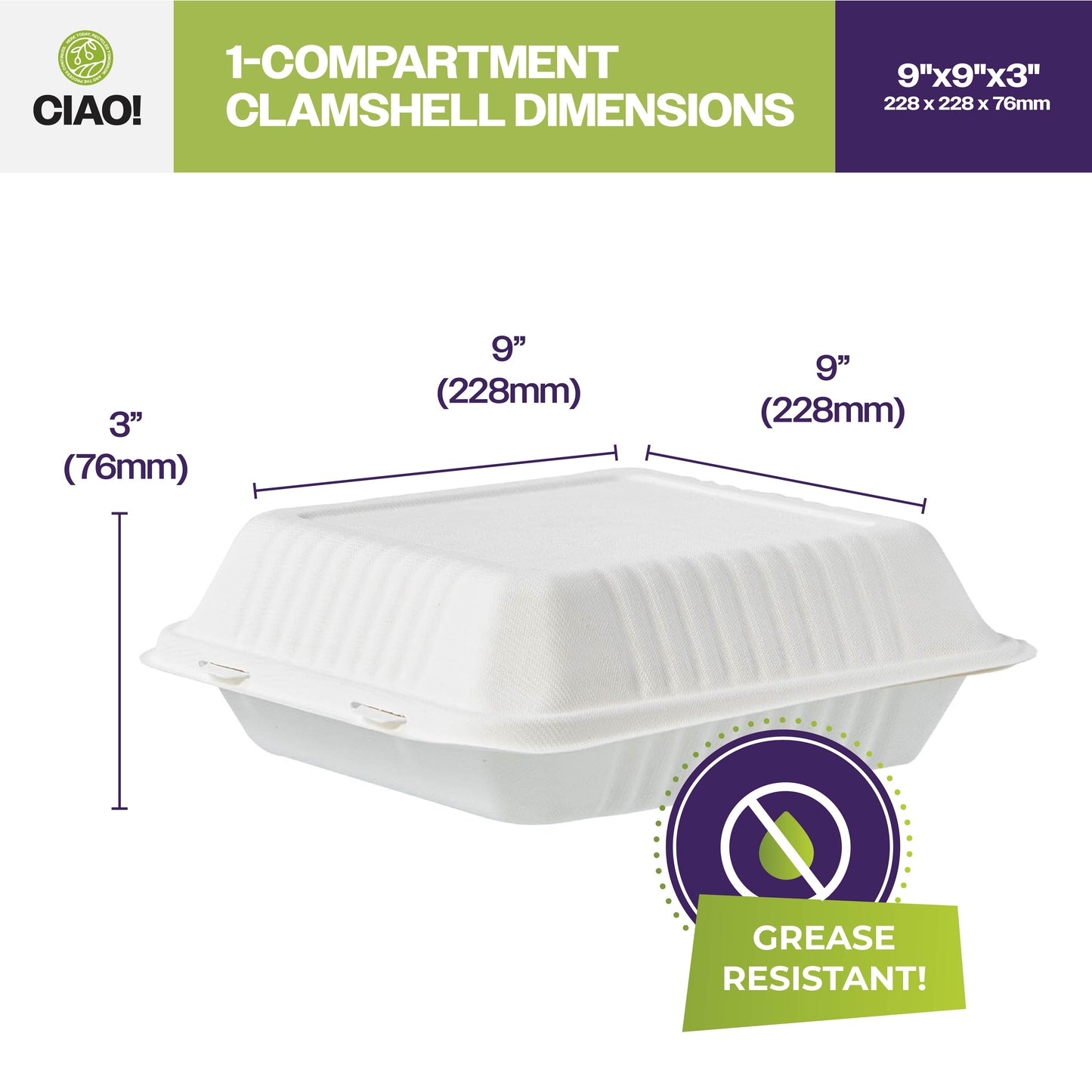 CIAO! 9"x9"x3" Clamshell 1 Compartment 100% Compostable Ecofriendly PFAS Free Unbleached Bagasse Natural White (200/case) …