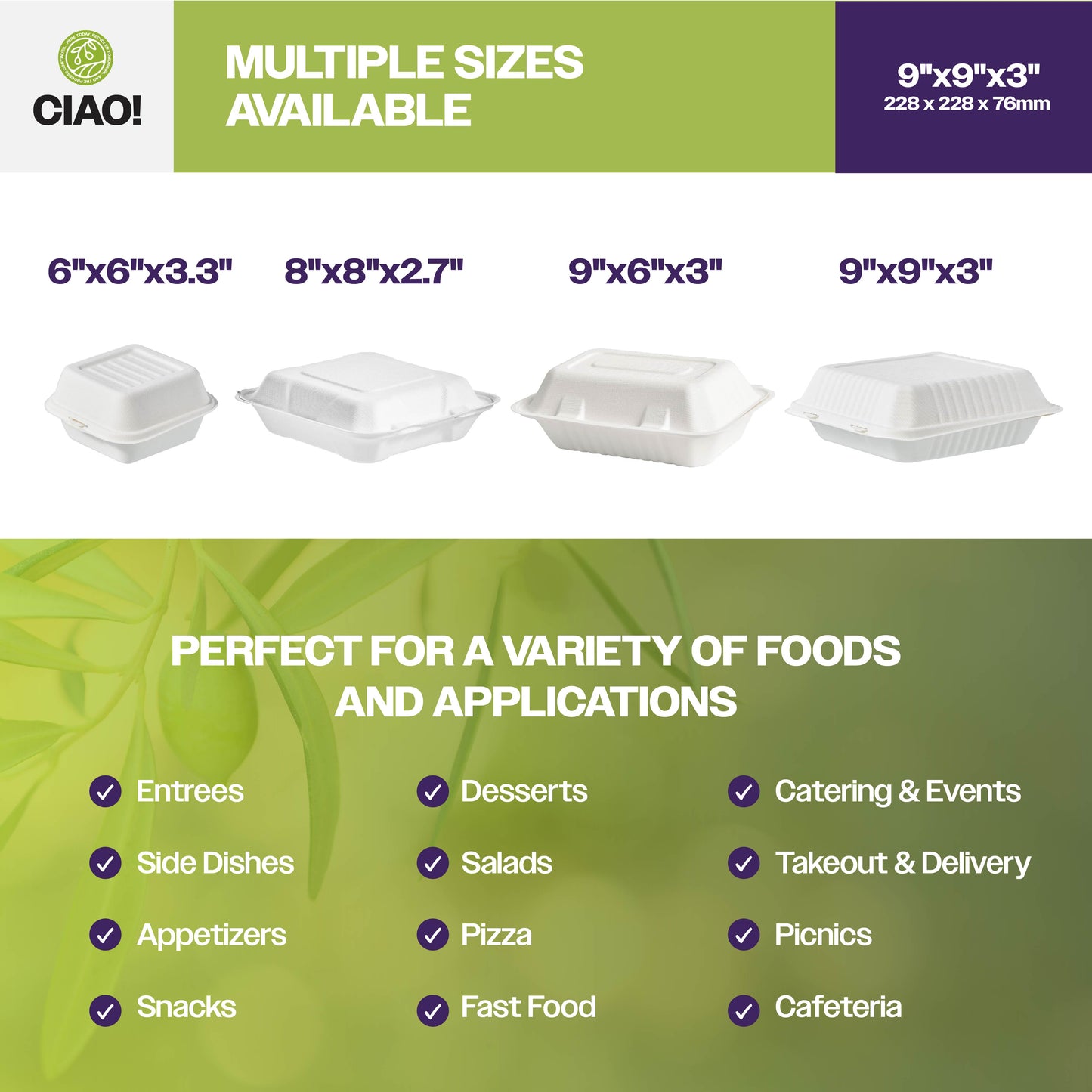 CIAO! 9"x9"x3" Clamshell 1 Compartment 100% Compostable Ecofriendly PFAS Free Unbleached Bagasse Natural White (200/case) …