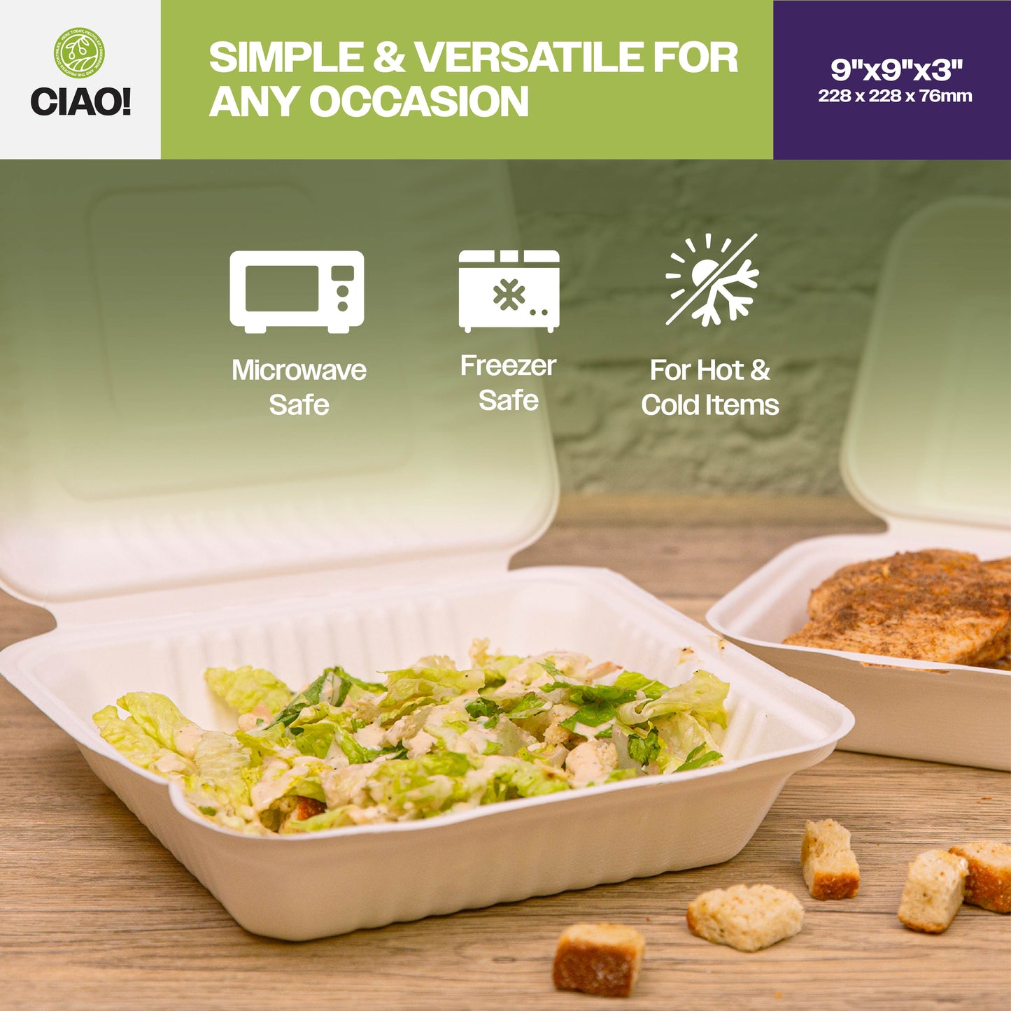 CIAO! 9"x9"x3" Clamshell 1 Compartment 100% Compostable Ecofriendly PFAS Free Unbleached Bagasse Natural White (200/case) …