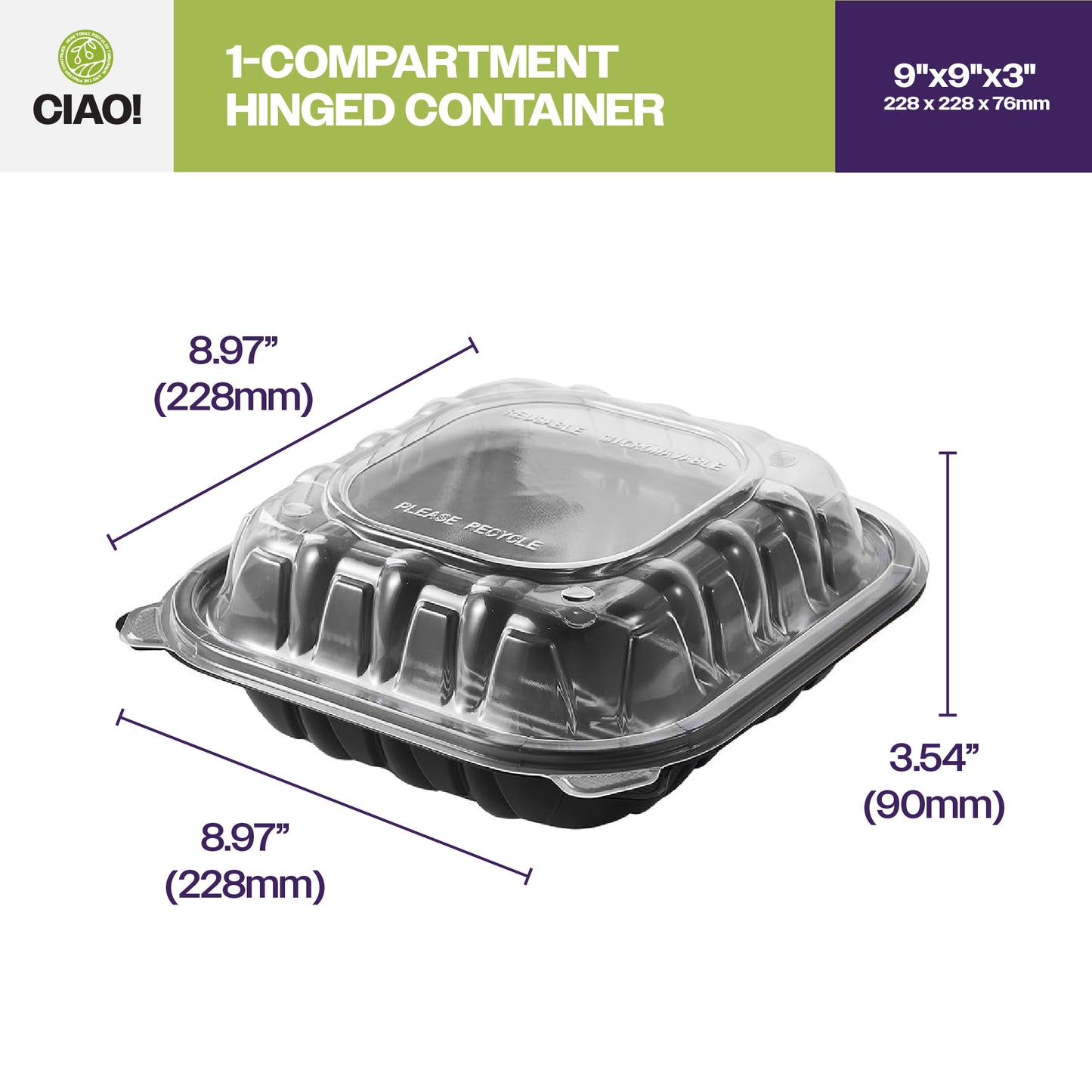 CIAO! 9"x9"x3" Polypropylene Black bottom with Clear Lid Hinged Container 1 Compartment Take Out Container, Microwavable, Recyclable and Reusable, (Case of 150)