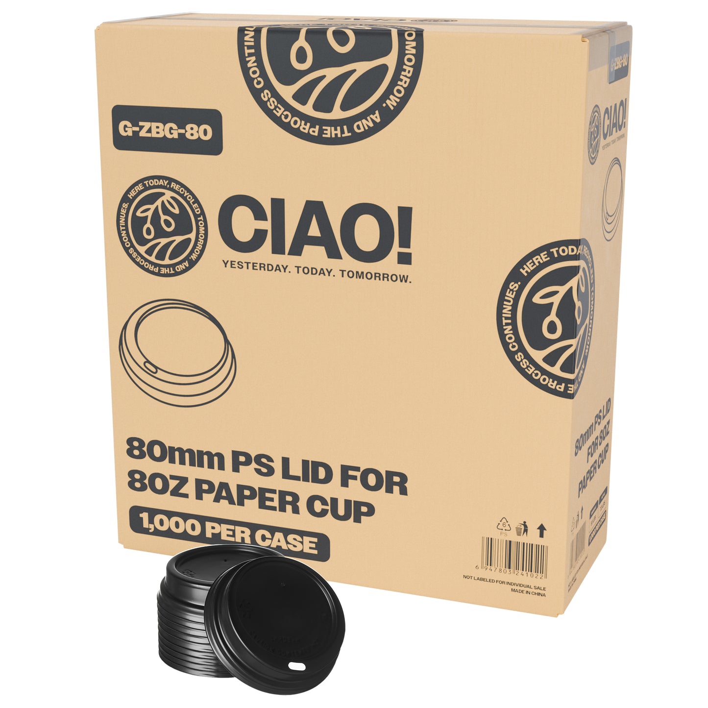 CIAO! 80mm Diameter Polystyrene Black Lid, Designed and Fit for CIAO! BRAND 8 oz Paper Cup ONLY - 1,000 Count