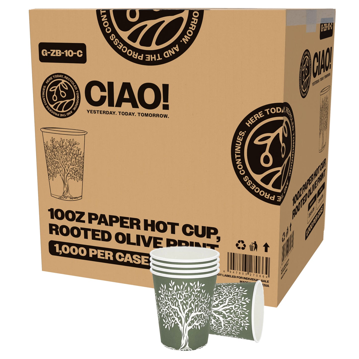 CIAO! 10 oz Hot Paper Cups – Rooted Olive Print (Case of 1,000)
