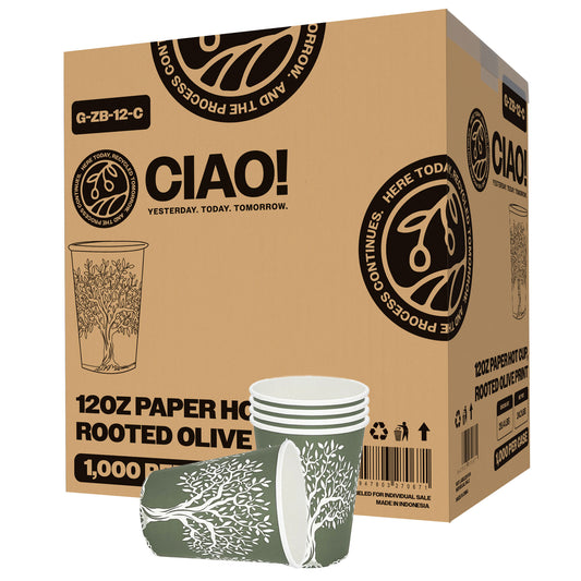 CIAO! 12 oz Hot Paper Cups – Rooted Olive Print (Case of 1,000)