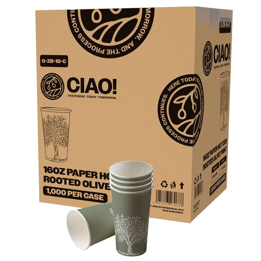 CIAO! 16 oz Hot Paper Cups – Rooted Olive Print (Case of 1,000)
