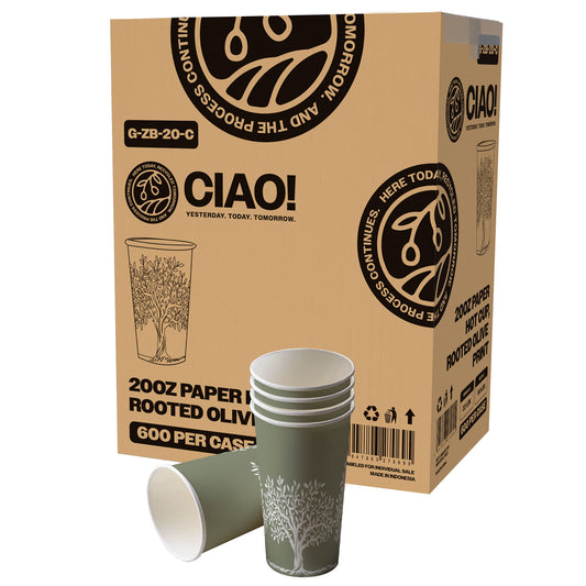 CIAO! 20 oz Hot Paper Cups – Rooted Olive Print (Case of 600)