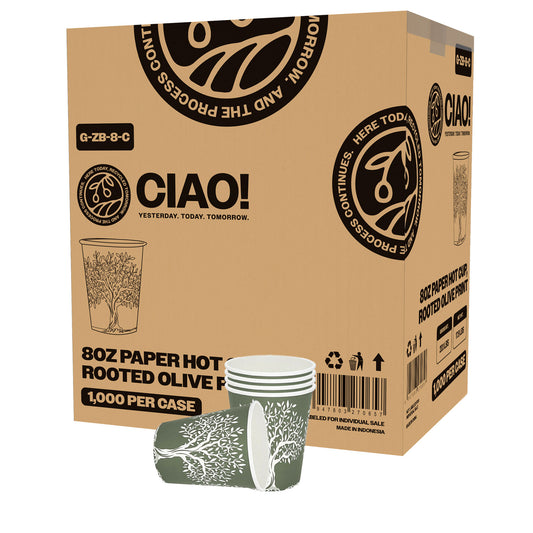CIAO! 8 oz Hot Paper Cups – Rooted Olive Print (Case of 1,000)