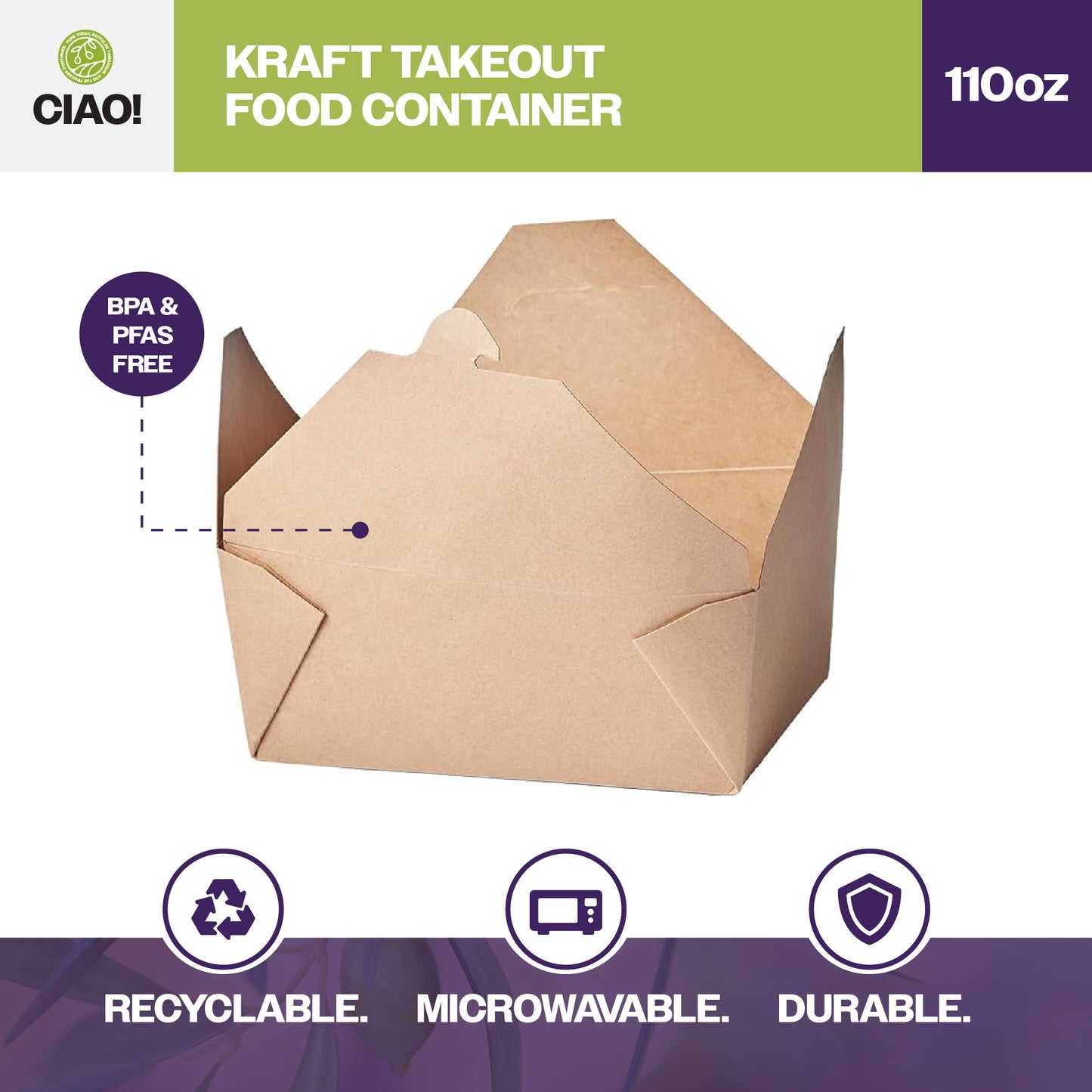 CIAO! Kraft Take Out Microwavable Food Containers, #4 110 oz (160/case)…