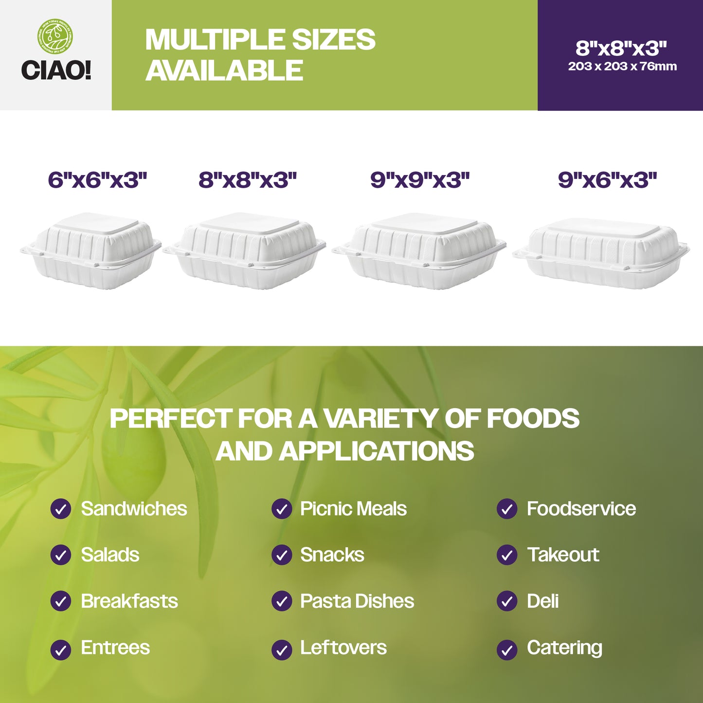 CIAO! 8"x8"X3" MFPP White Hinged Container With Lid 1 Compartment (Case of 200)