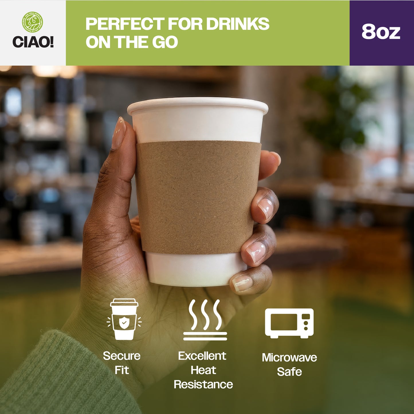 CIAO! Kraft Hot Coffee Cup Sleeves, Fits 8oz Paper Cups, Disposable Insulated Cup Sleeves, Bulk Pack of 1000