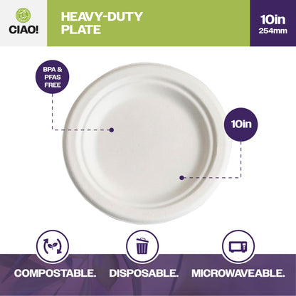 CIAO! 10" Heavy Duty Plate 100% Compostable PFAS Free Unbleached Bagasse Natural White (Pack of 500)