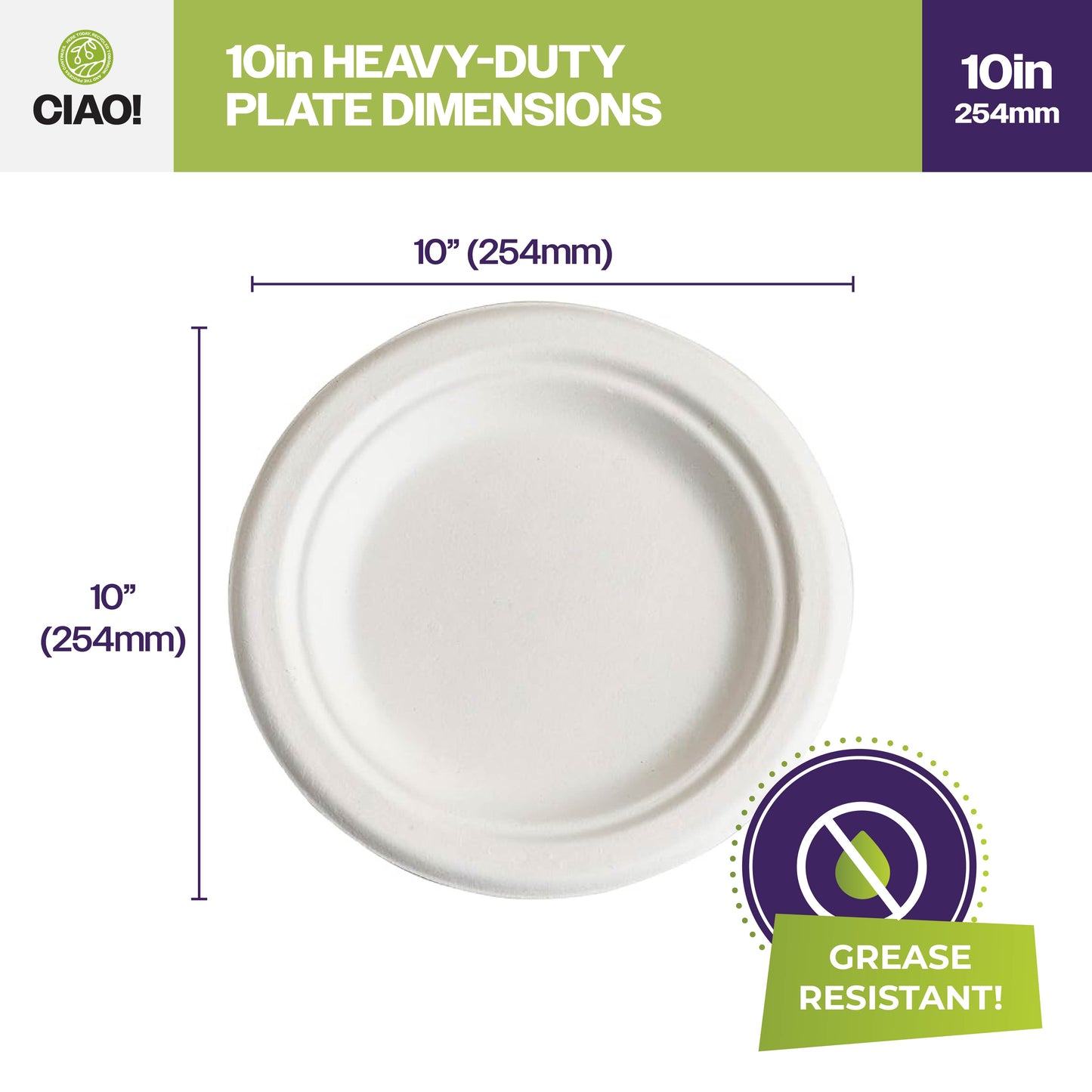 CIAO! 10" Heavy Duty Plate 100% Compostable PFAS Free Unbleached Bagasse Natural White (Pack of 500)