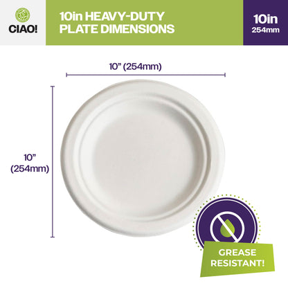 CIAO! 10" Heavy Duty Plate 100% Compostable PFAS Free Unbleached Bagasse Natural White (Pack of 500)