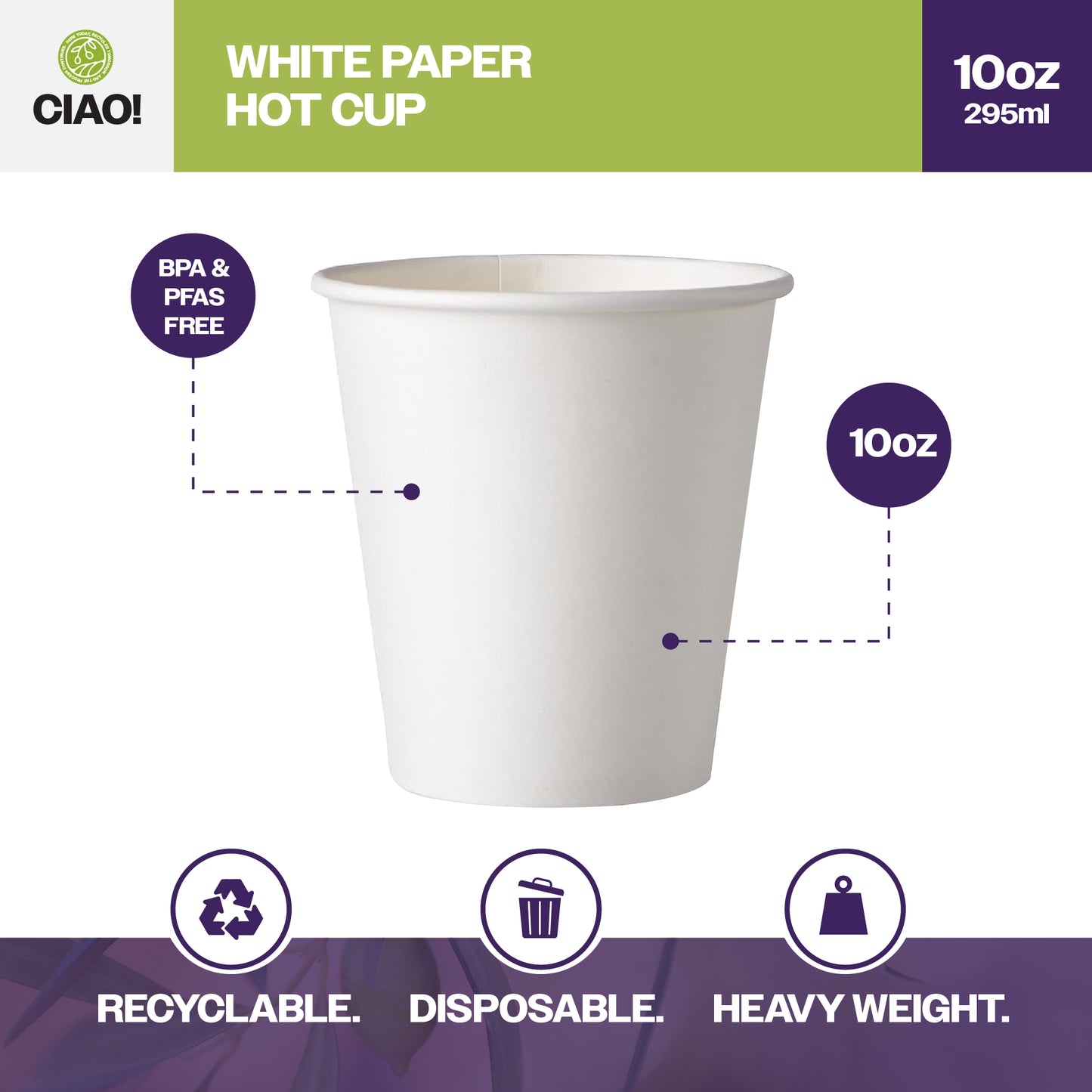 CIAO! Paper Hot Cup, 10 oz Disposable Cup, White, 1000 Count