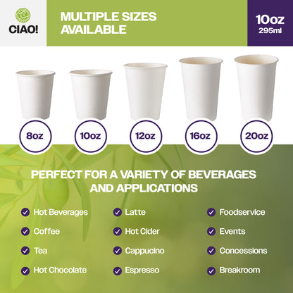 CIAO! Paper Hot Cup, 10 oz Disposable Cup, White, 1000 Count