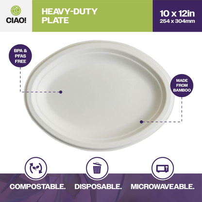 CIAO! 10"X12" Heavy Duty Oval Plate 100% Compostable PFAS Free Unbleached Bagasse Natural White (Pack of 500)