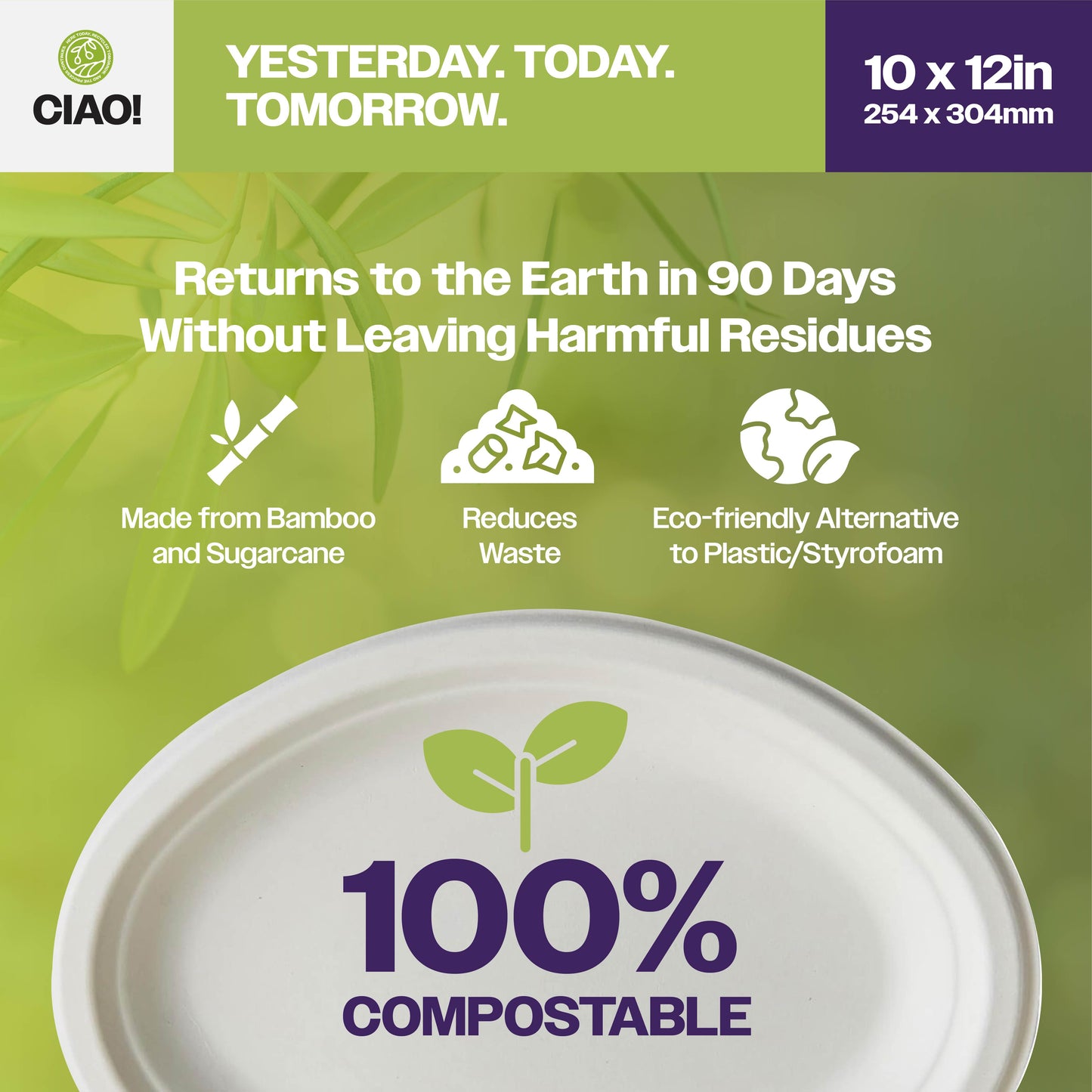 CIAO! 10"X12" Heavy Duty Oval Plate 100% Compostable PFAS Free Unbleached Bagasse Natural White (Pack of 500)