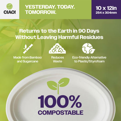 CIAO! 10"X12" Heavy Duty Oval Plate 100% Compostable PFAS Free Unbleached Bagasse Natural White (Pack of 500)