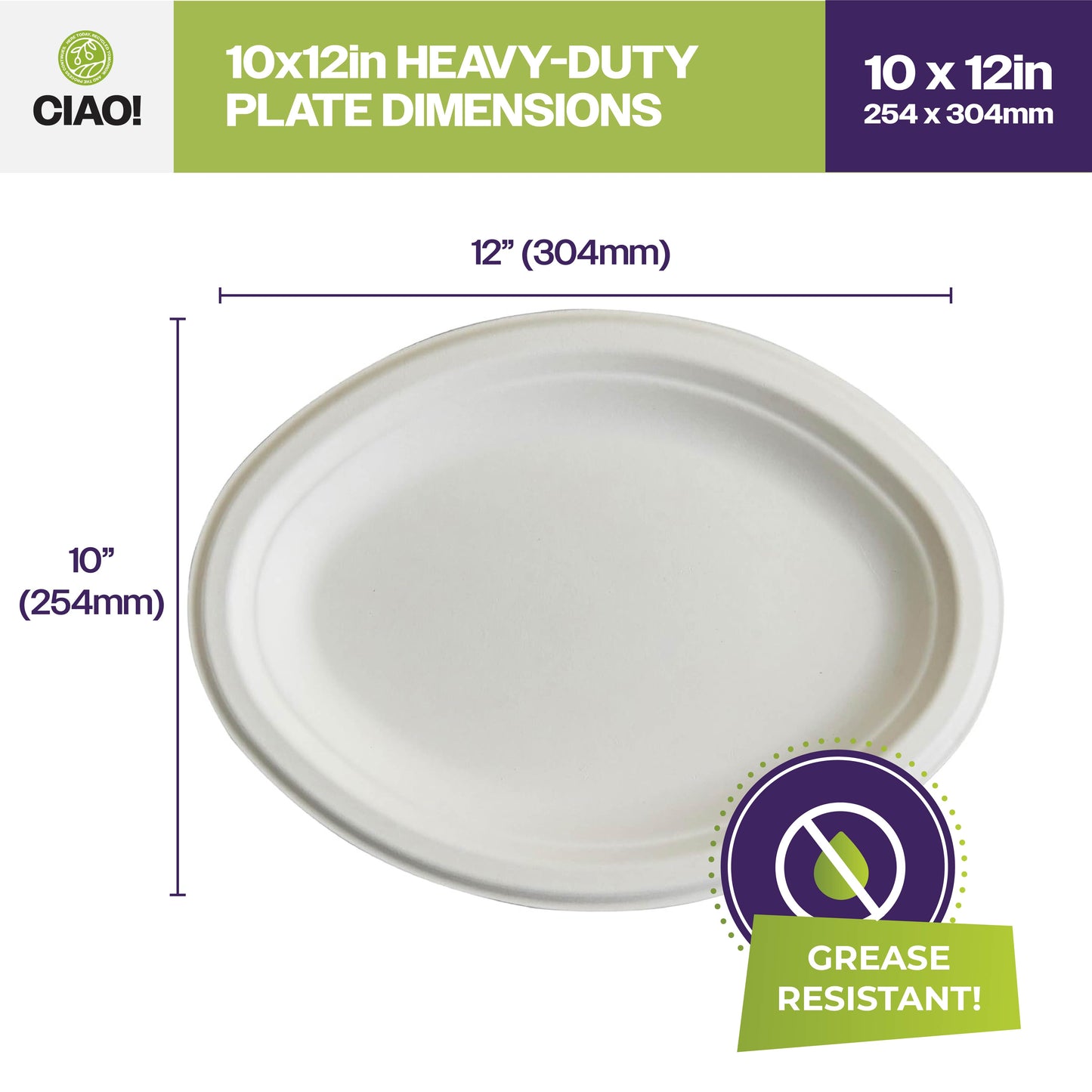 CIAO! 10"X12" Heavy Duty Oval Plate 100% Compostable PFAS Free Unbleached Bagasse Natural White (Pack of 500)