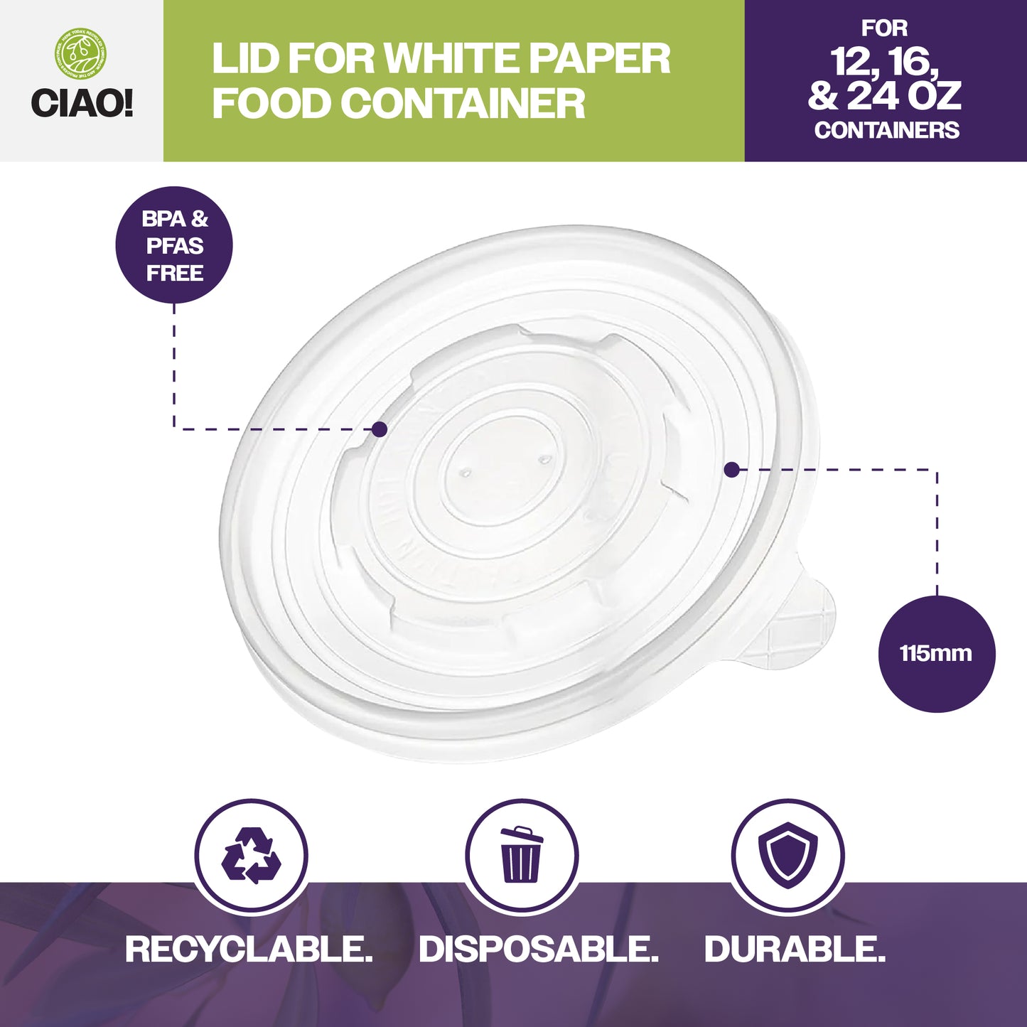 CIAO! 115mm PP Lid for 12,16,24 oz Paper Container (500/case)