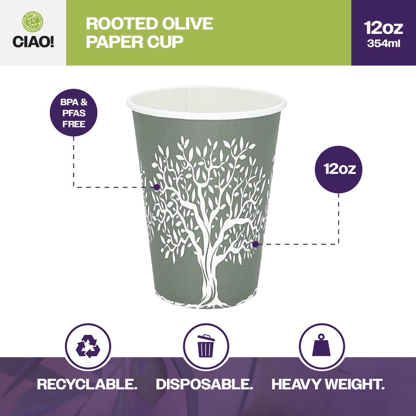CIAO! 12 oz Hot Paper Cups – Rooted Olive Print (Case of 1,000)