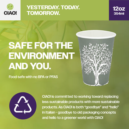 CIAO! 12 oz Hot Paper Cups – Rooted Olive Print (Case of 1,000)