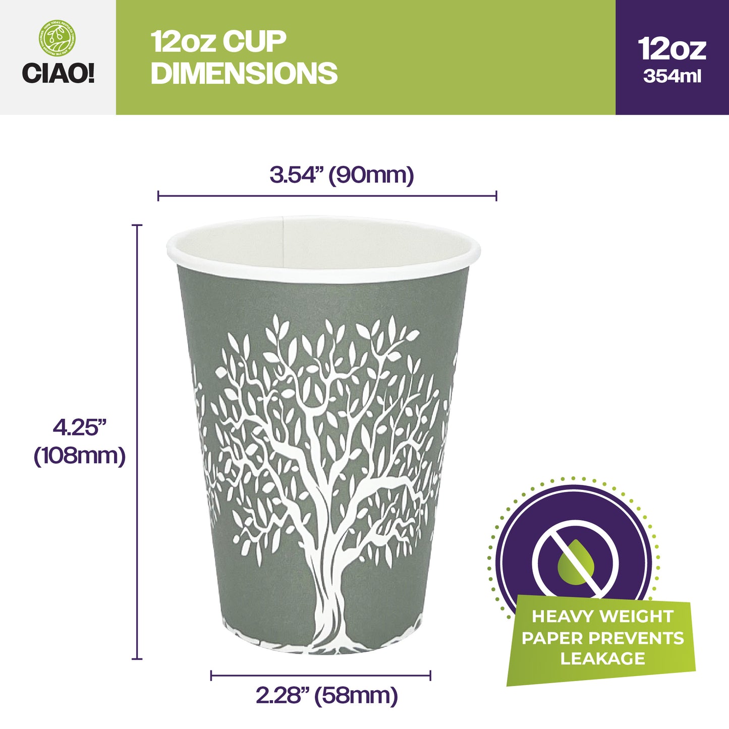 CIAO! 12 oz Hot Paper Cups – Rooted Olive Print (Case of 1,000)