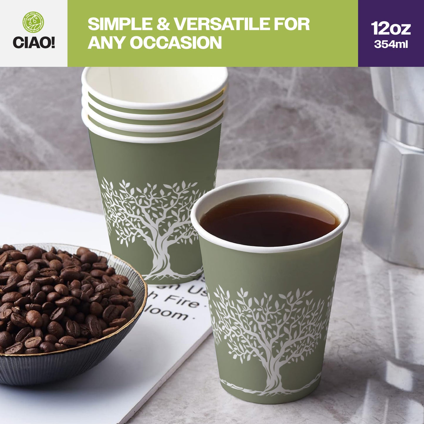 CIAO! 12 oz Hot Paper Cups – Rooted Olive Print (Case of 1,000)