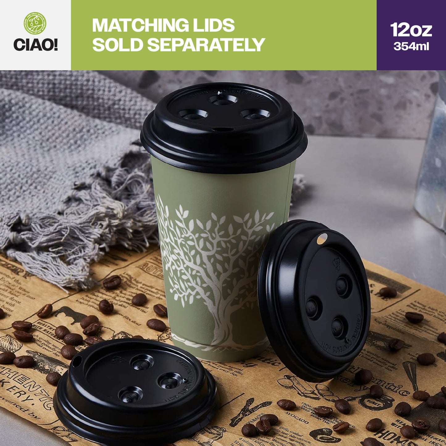 CIAO! 12 oz Hot Paper Cups – Rooted Olive Print (Case of 1,000)