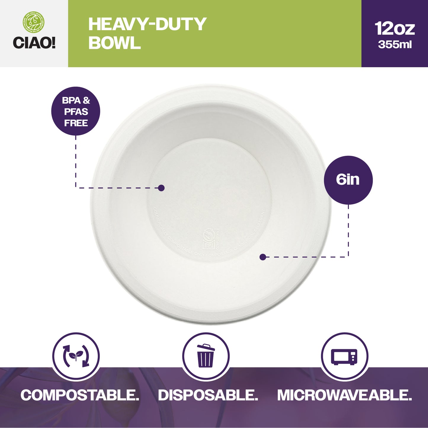 CIAO! 12oz Heavy Duty Bowl 100% Compostable Ecofriendly PFAS Free Unbleached Bagasse Natural White Pack of 500