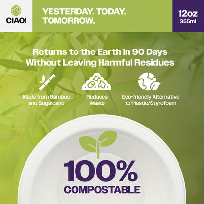 CIAO! 12oz Heavy Duty Bowl 100% Compostable Ecofriendly PFAS Free Unbleached Bagasse Natural White Pack of 500