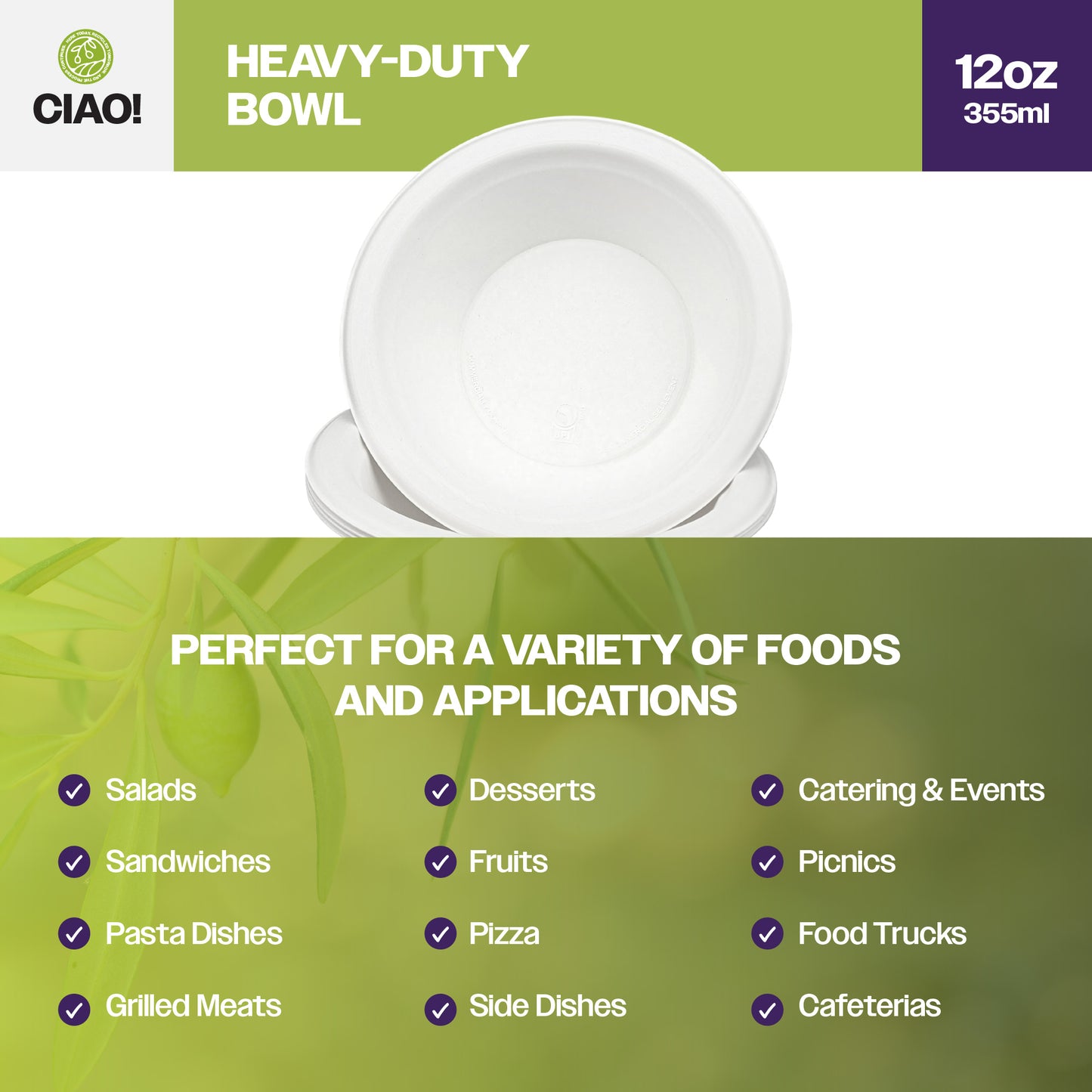 CIAO! 12oz Heavy Duty Bowl 100% Compostable Ecofriendly PFAS Free Unbleached Bagasse Natural White Pack of 500