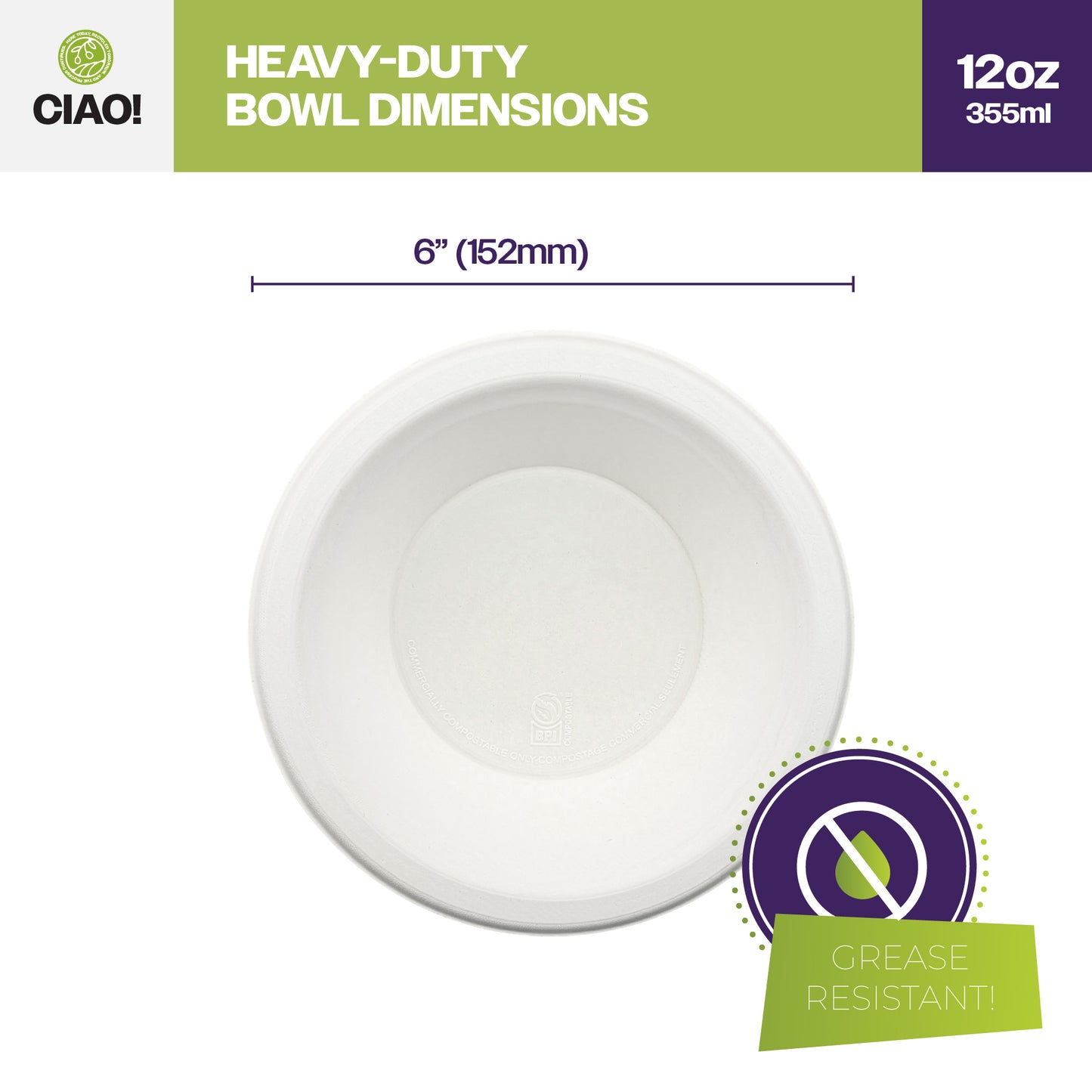 CIAO! 12oz Heavy Duty Bowl 100% Compostable Ecofriendly PFAS Free Unbleached Bagasse Natural White Pack of 500
