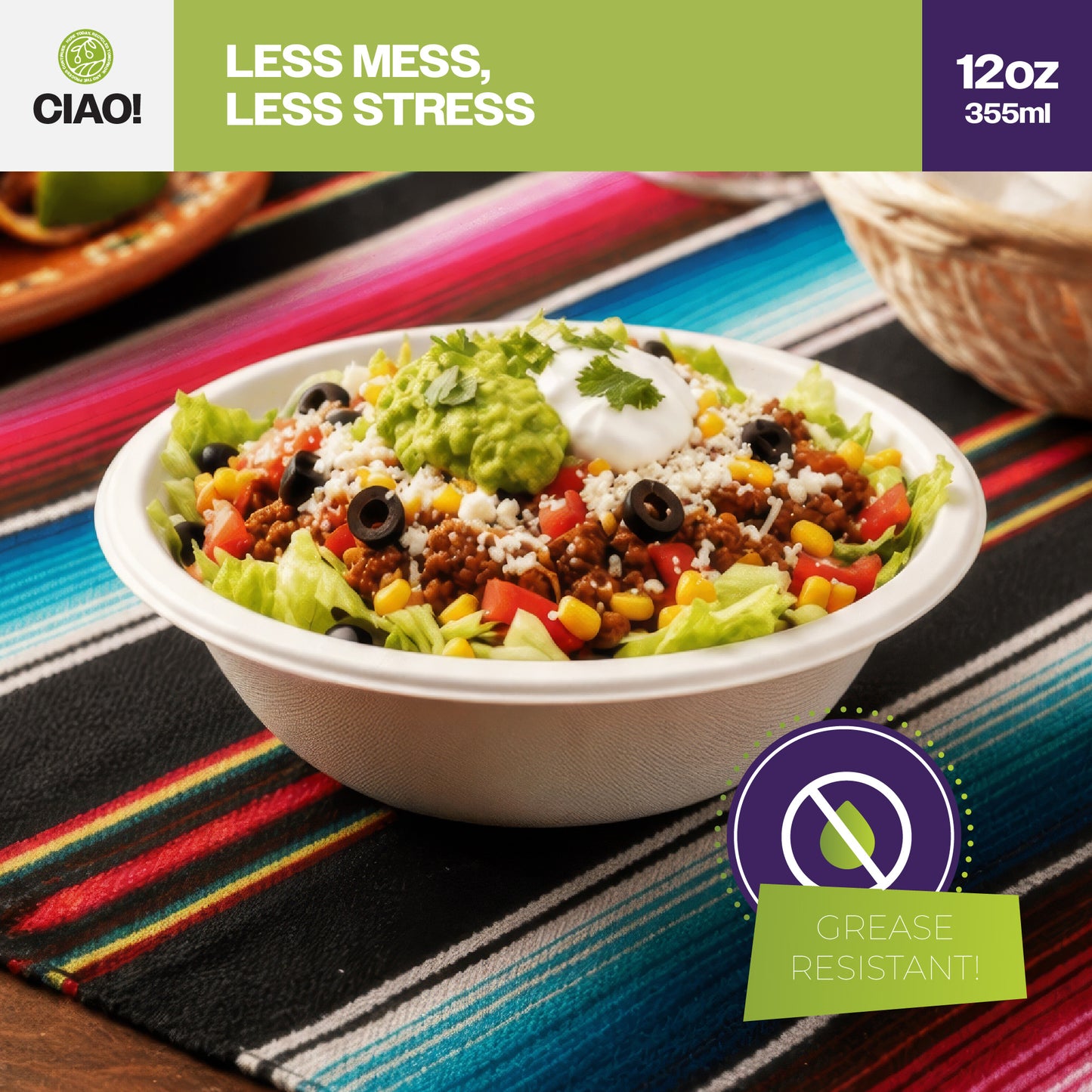 CIAO! 12oz Heavy Duty Bowl 100% Compostable Ecofriendly PFAS Free Unbleached Bagasse Natural White Pack of 500