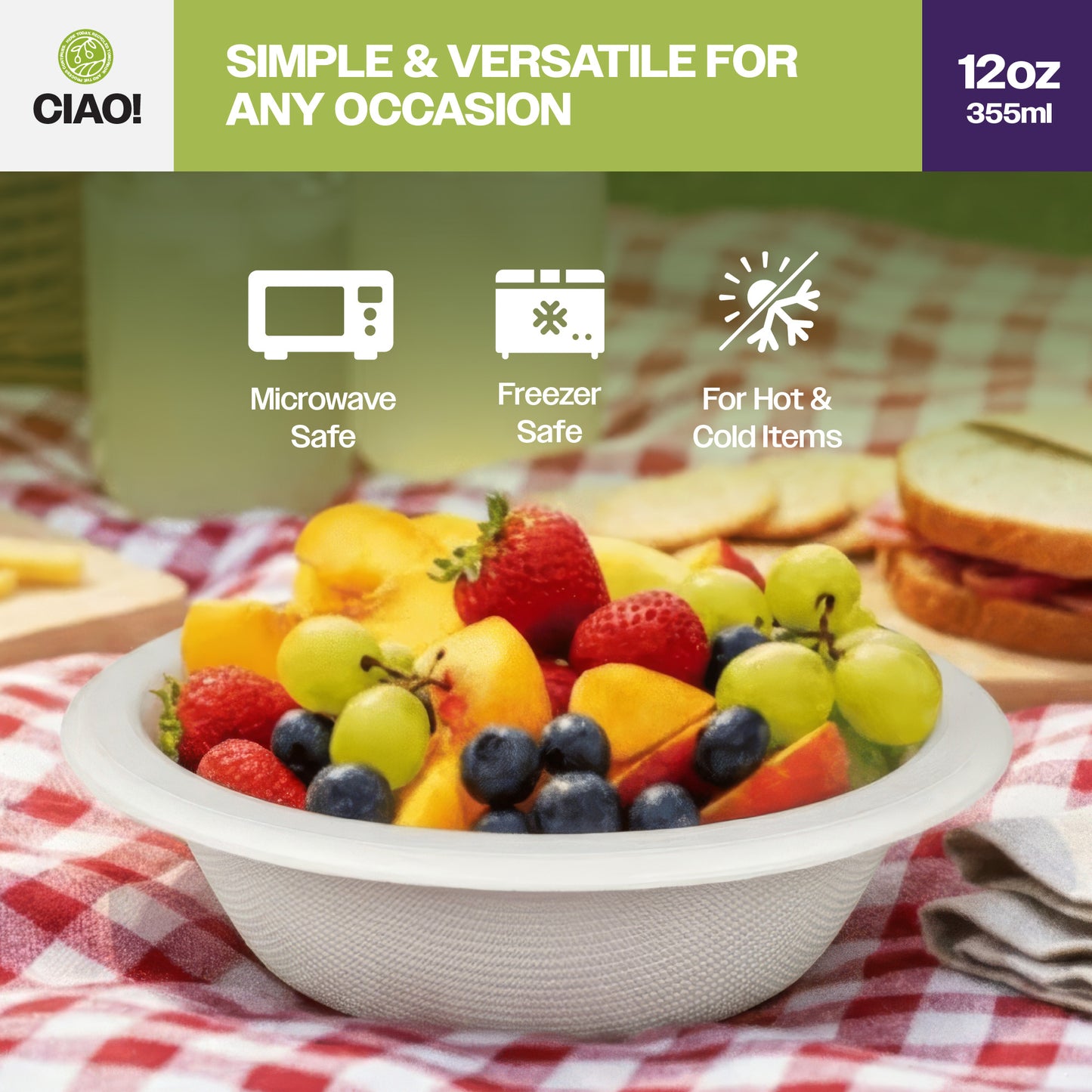 CIAO! 12oz Heavy Duty Bowl 100% Compostable Ecofriendly PFAS Free Unbleached Bagasse Natural White Pack of 500