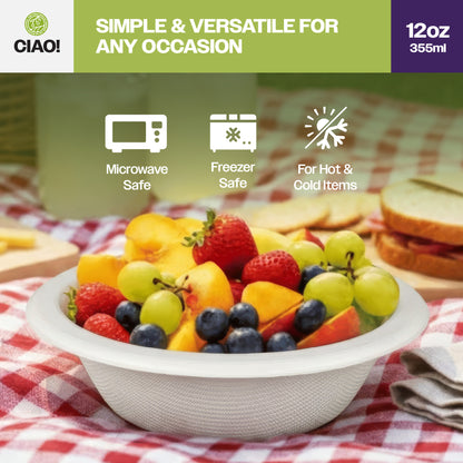 CIAO! 12oz Heavy Duty Bowl 100% Compostable Ecofriendly PFAS Free Unbleached Bagasse Natural White Pack of 500