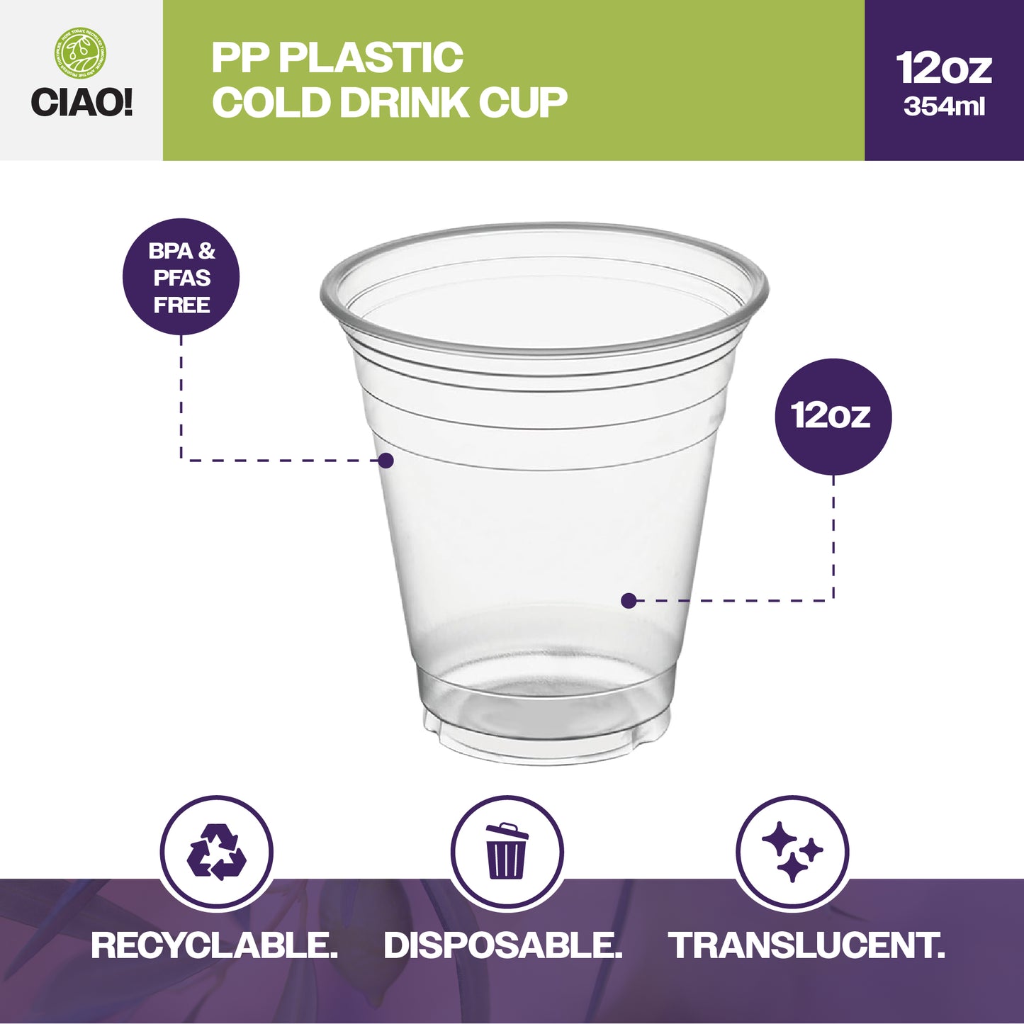 CIAO! 12OZ PP Plastic Cold Drink Cup, Great for Smoothies, Iced Coffee, Boba and Cold Drinks, 98mm (Case of 1,000)