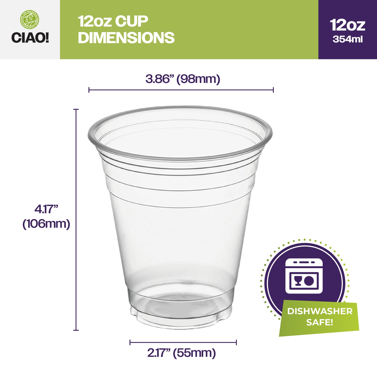 CIAO! 12OZ PP Plastic Cold Drink Cup, Great for Smoothies, Iced Coffee, Boba and Cold Drinks, 98mm (Case of 1,000)