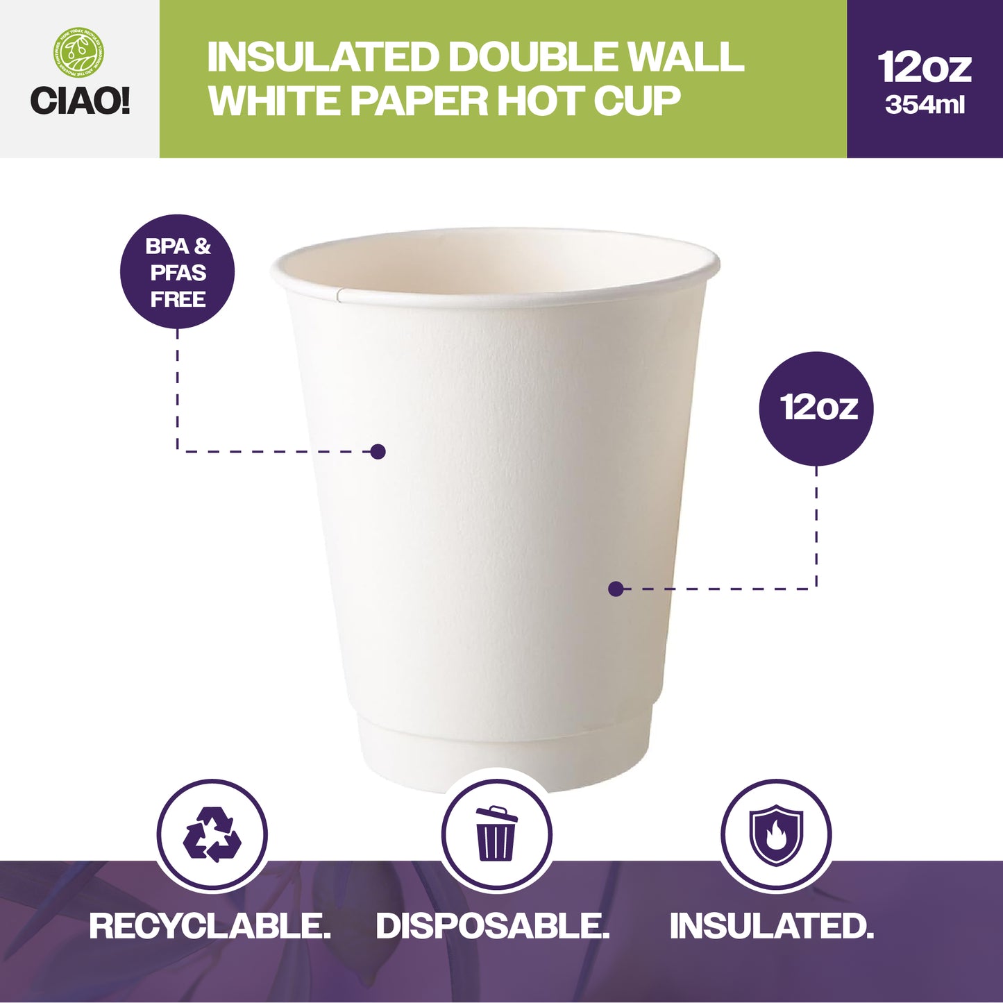 CIAO! 12 oz Insulated Double Wall Paper Hot Cup, 500 Count