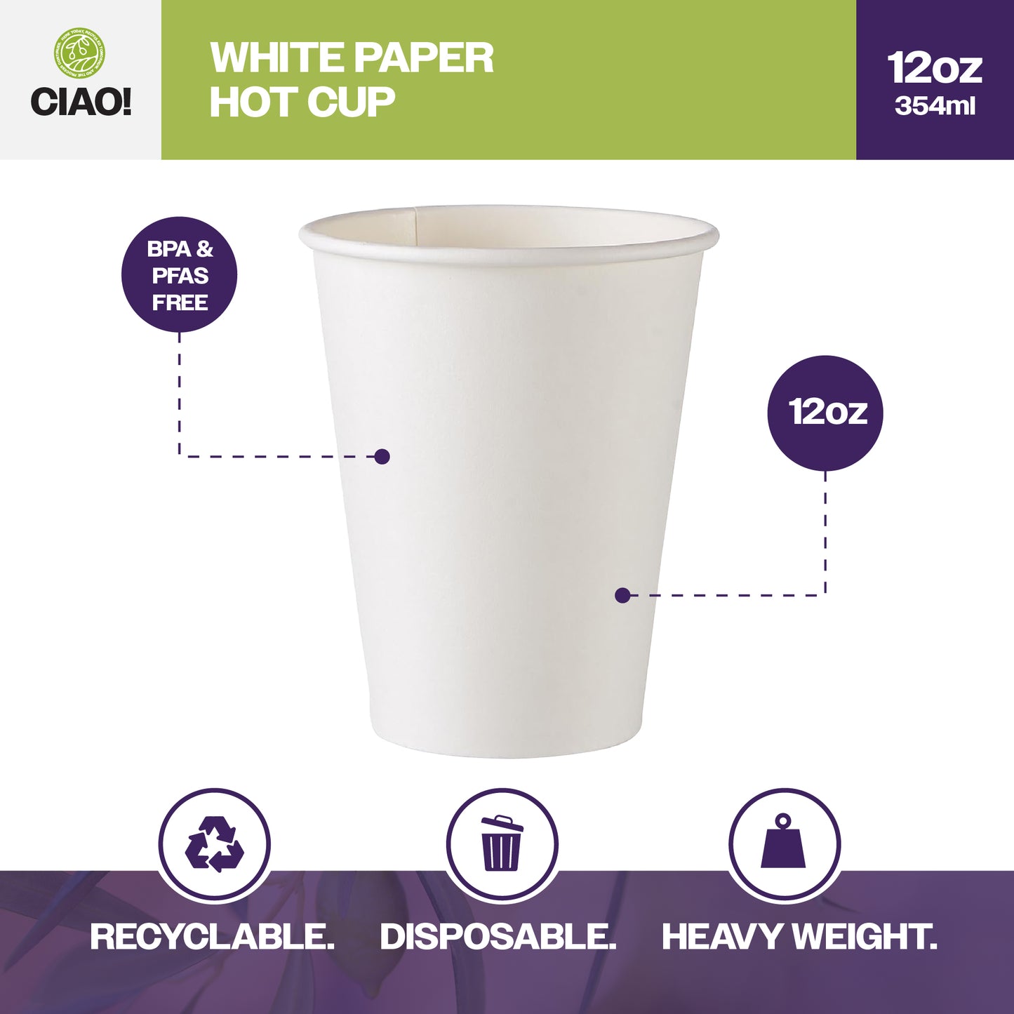 CIAO! Paper Hot Cup, 12 oz Disposable Cup, White, 1,000 Count