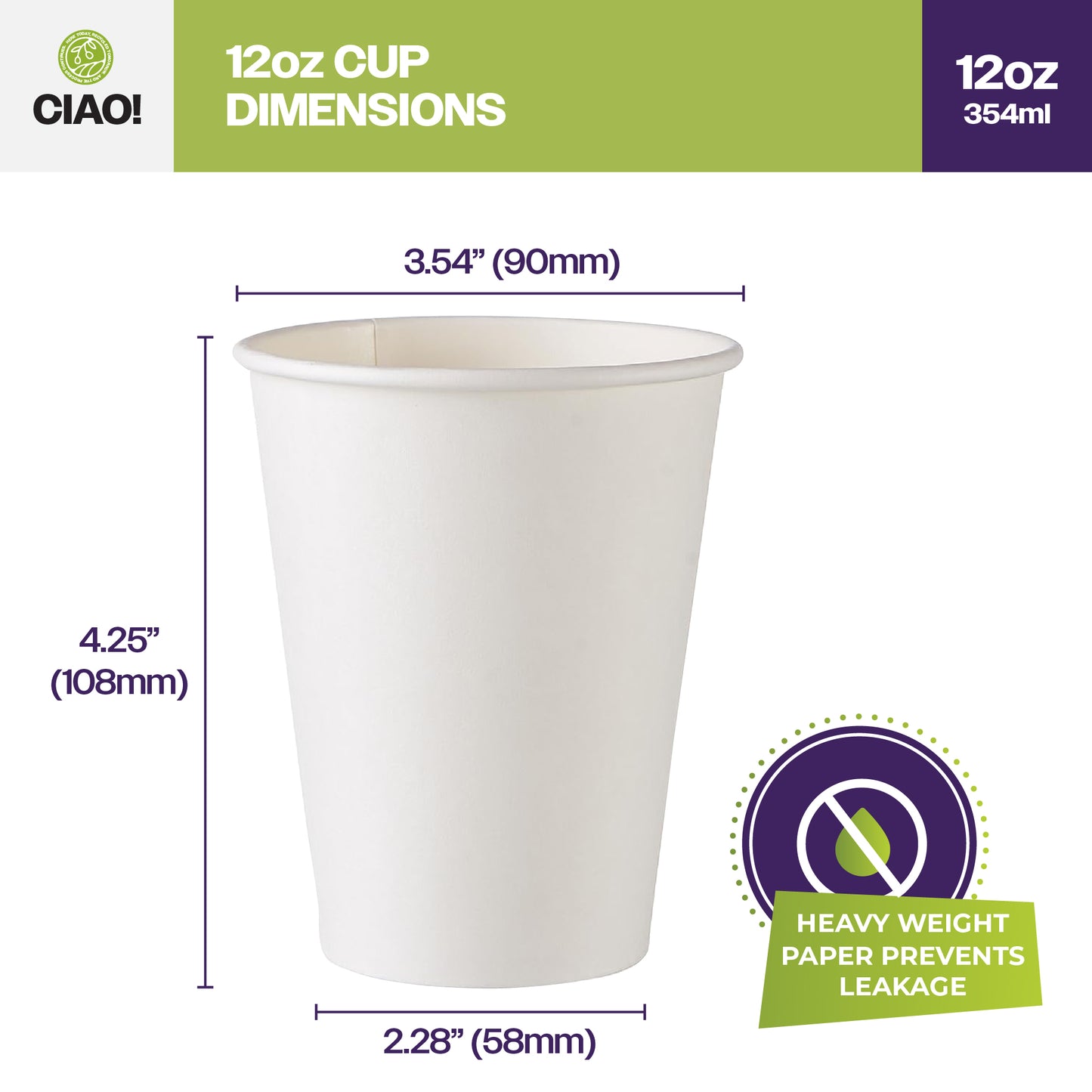 CIAO! Paper Hot Cup, 12 oz Disposable Cup, White, 1,000 Count