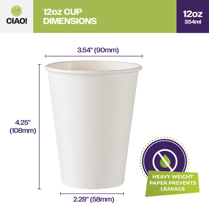 CIAO! Paper Hot Cup, 12 oz Disposable Cup, White, 1,000 Count