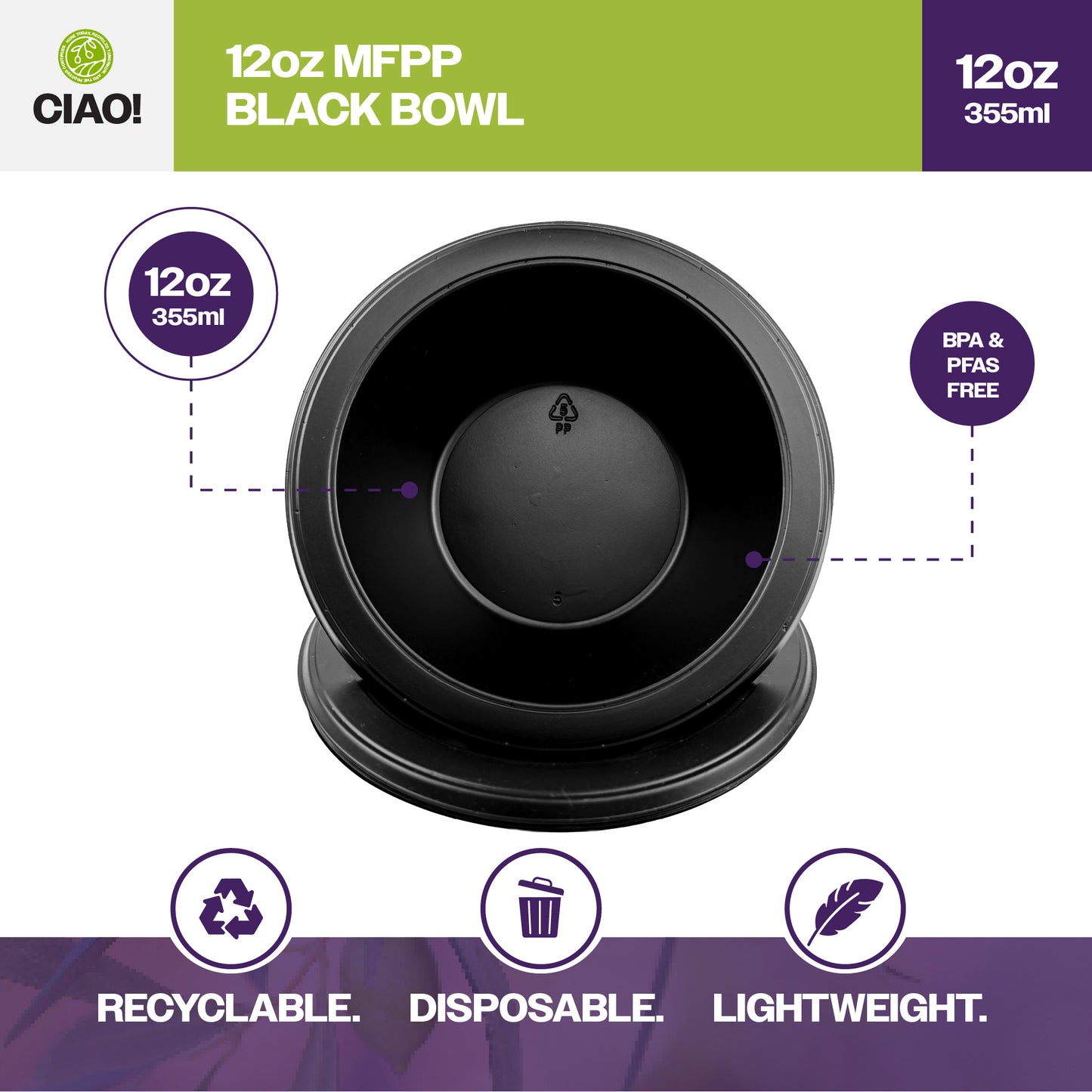 CIAO! 12 oz Black Heavy Weight Plastic Bowl Mineral Filled Polypropylene MFPP (Case of 800)