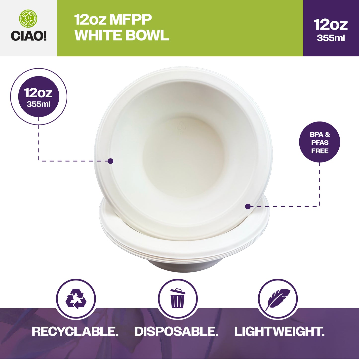 CIAO! 12 oz White Heavy Weight Plastic Bowl Mineral Filled Polypropylene MFPP (Case of 800)