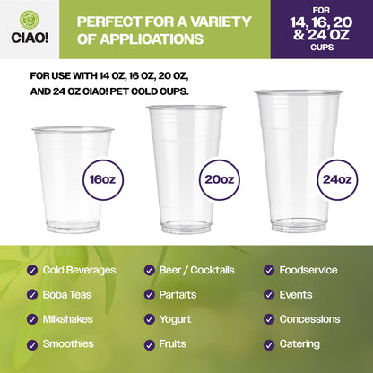 CIAO! 98MM PET Flat Lid with Straw Slot for 14OZ/16OZ/20OZ/24OZ CIAO! PET Cold Drink Cups (Case of 1,000)