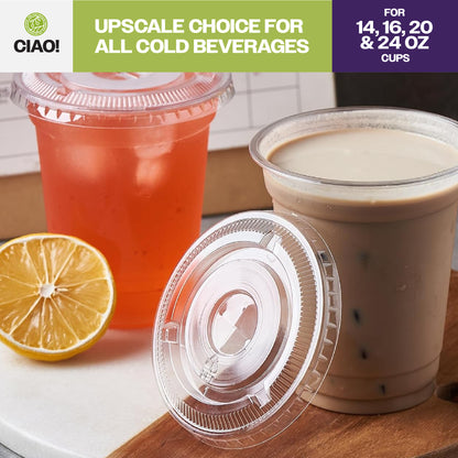 CIAO! 98MM PET Flat Lid with Straw Slot for 14OZ/16OZ/20OZ/24OZ CIAO! PET Cold Drink Cups (Case of 1,000)