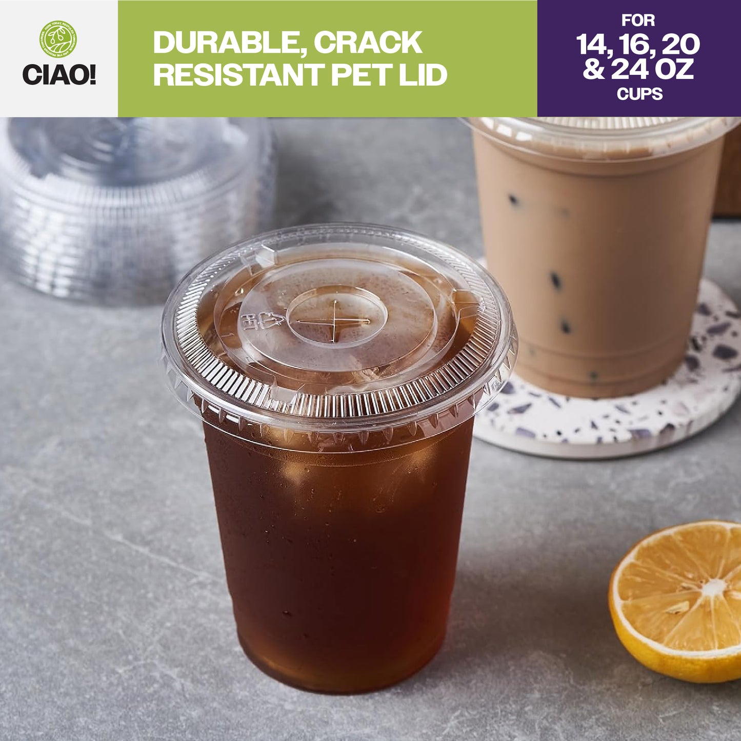 CIAO! 98MM PET Flat Lid with Straw Slot for 14OZ/16OZ/20OZ/24OZ CIAO! PET Cold Drink Cups (Case of 1,000)