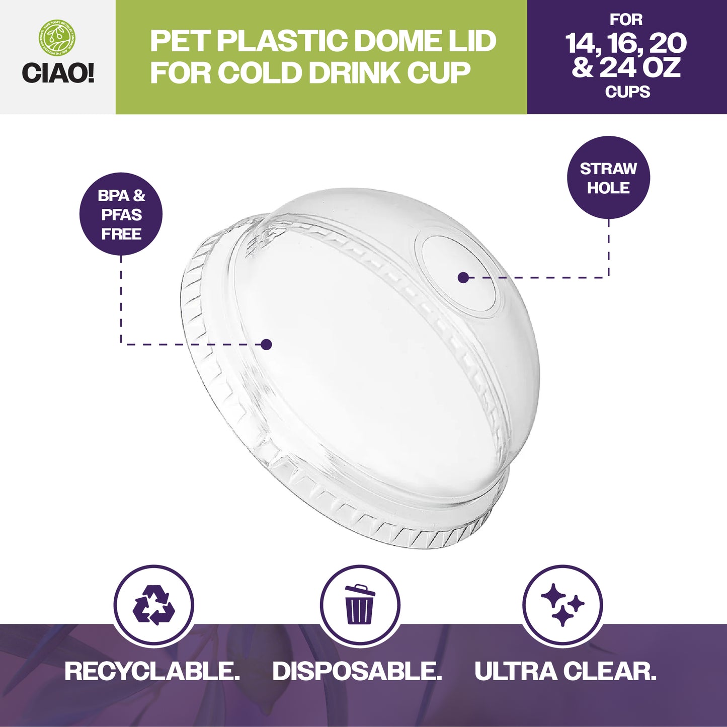 CIAO! 98MM PET Dome Lid with Straw Slot for 14OZ/16OZ/20OZ/24OZ PET Cold Drink Cups (Case of 1,000)